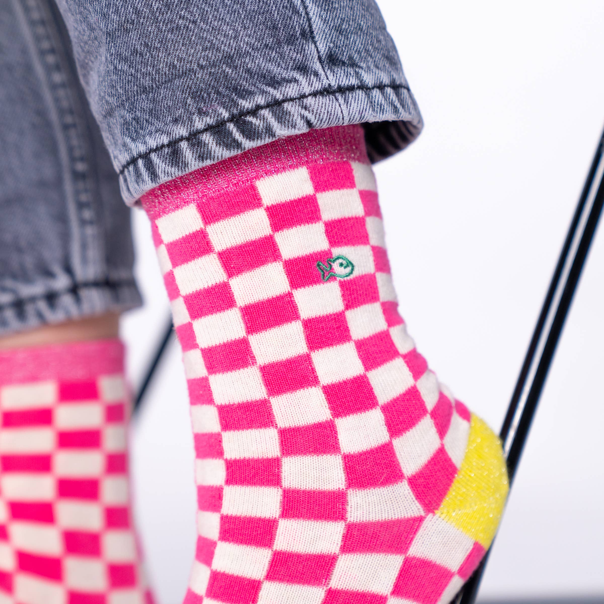 Socken, kariert - Rosa / Weiß/ gelb