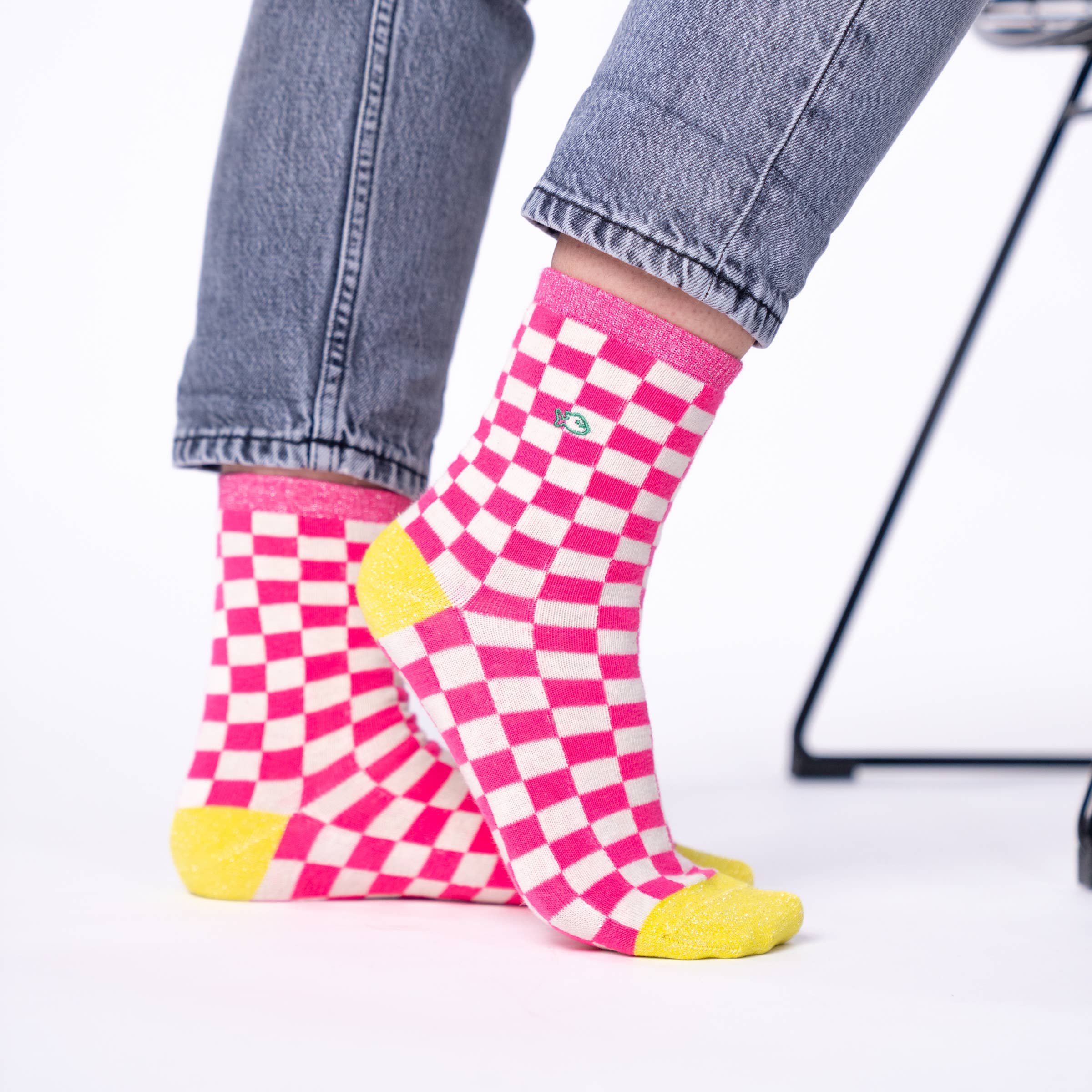 Socken, kariert - Rosa / Weiß/ gelb