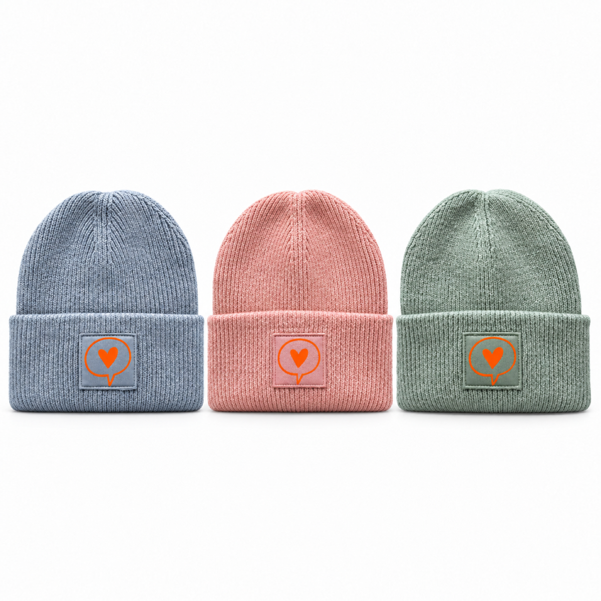 Beanie mit Herzlogo – Rosé/Nude, Mint & Hellblau alle 3