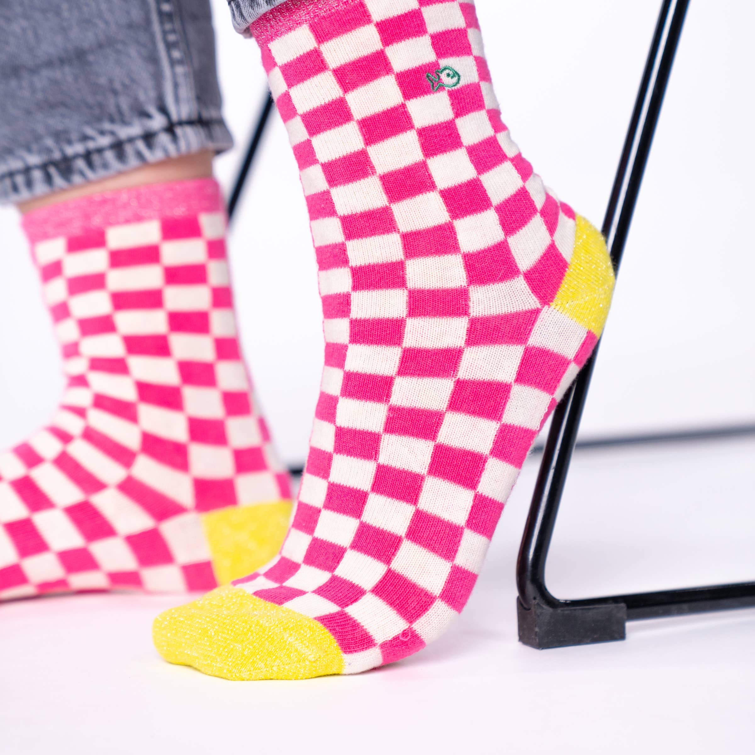 Socken,  kariert - Rosa / Weiß/ gelb